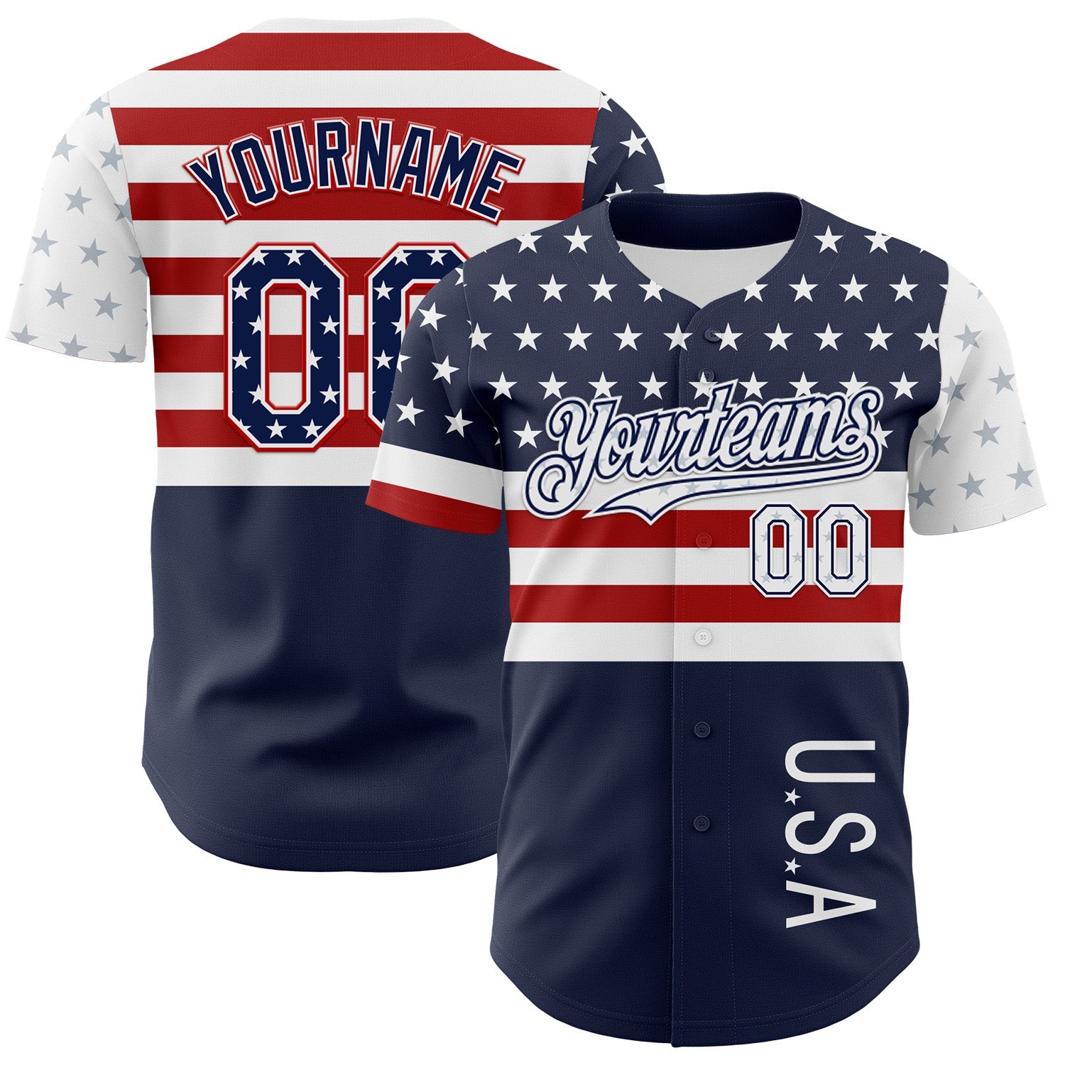 Custom Navy Star Red-White 3D American Flag Authentic Baseball Jersey - Main View