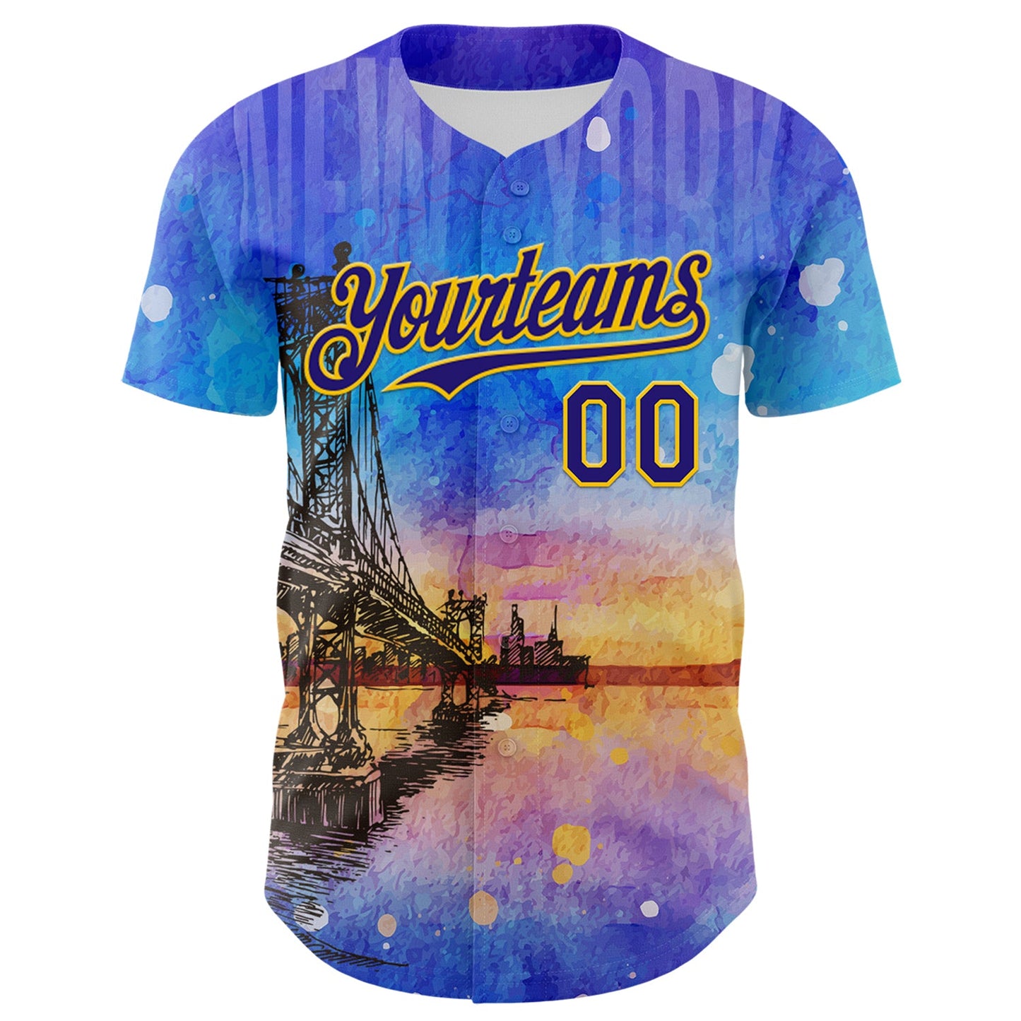 Custom Blue Dark Purple-Gold 3D Pattern Design Manhattan Bridge New York Sunset Authentic Baseball Jersey view 2