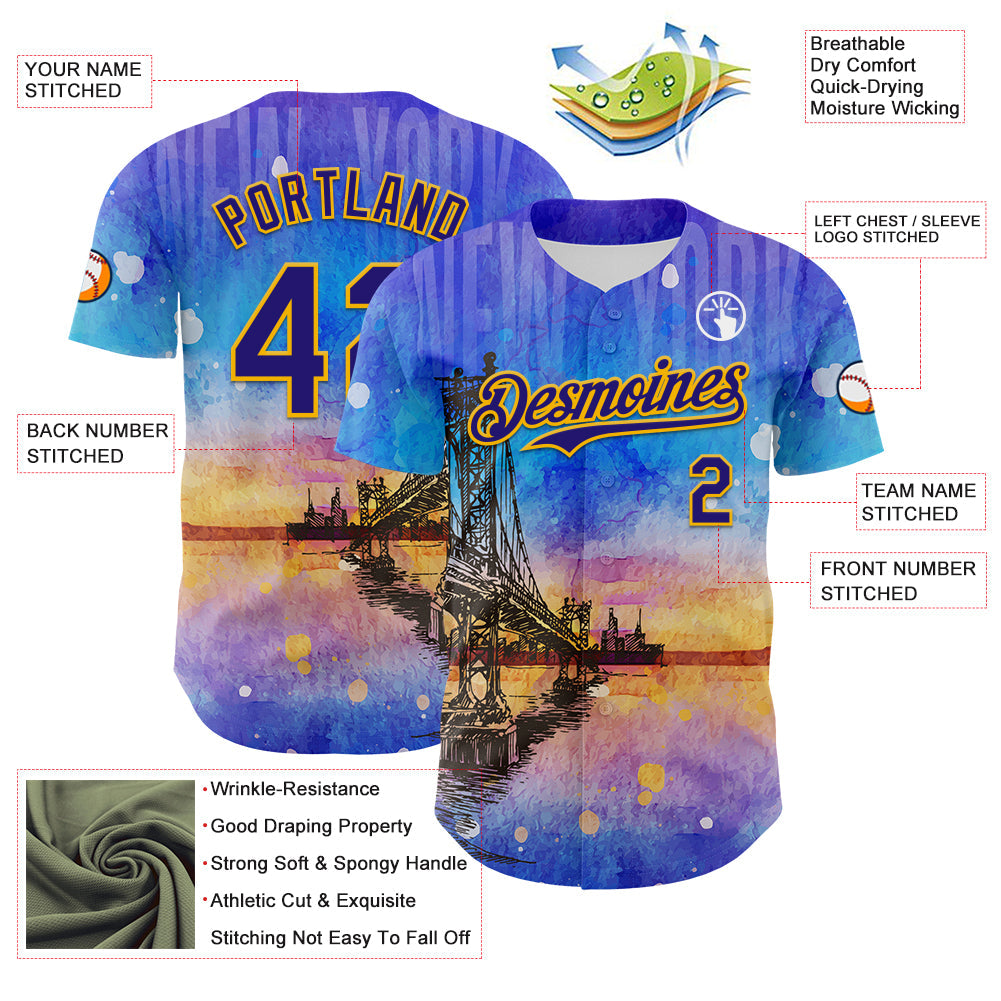Custom Blue Dark Purple-Gold 3D Pattern Design Manhattan Bridge New York Sunset Authentic Baseball Jersey view 3
