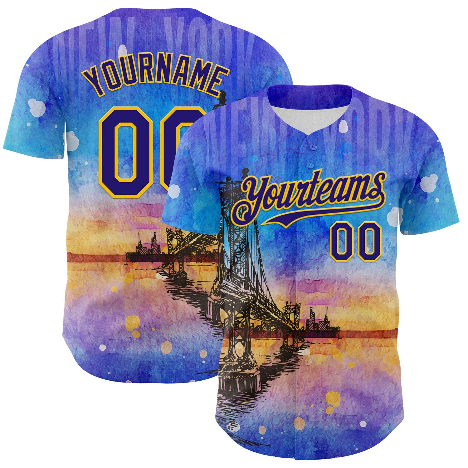 Custom Blue Dark Purple-Gold 3D Pattern Design Manhattan Bridge New York Sunset Authentic Baseball Jersey - Main View