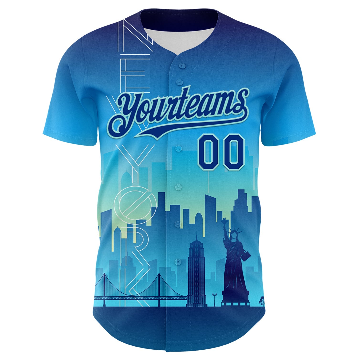 Custom Blue Royal-Ice Blue 3D Pattern Design New York Cityscape Statue Of Liberty Authentic Baseball Jersey view 2