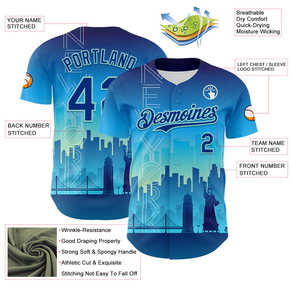 Custom Blue Royal-Ice Blue 3D Pattern Design New York Cityscape Statue Of Liberty Authentic Baseball Jersey view 3