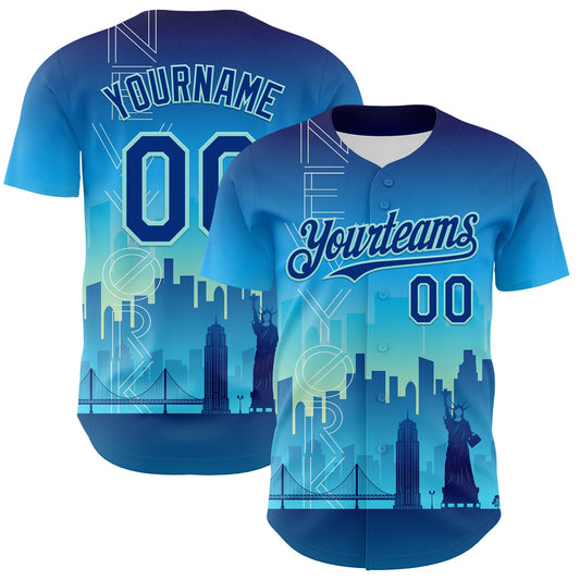 Custom Blue Royal-Ice Blue 3D Pattern Design New York Cityscape Statue Of Liberty Authentic Baseball Jersey - Main View