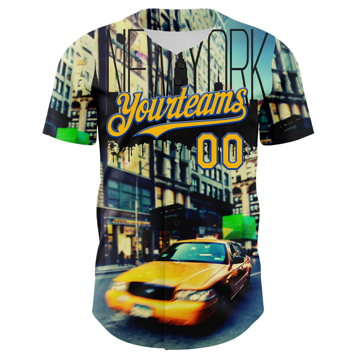 Custom Green Gold-Thunder Blue 3D Pattern Design New York Cityscape Statue Of Liberty Authentic Baseball Jersey view 2