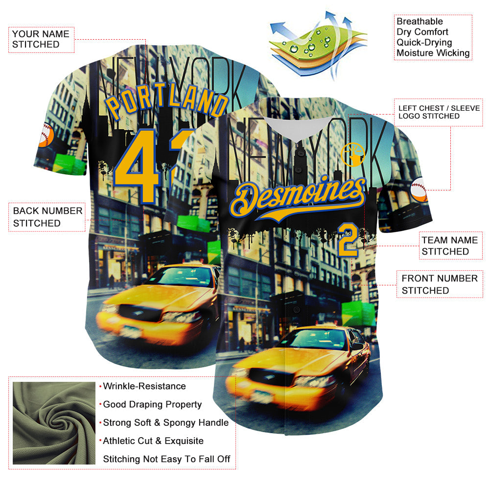 Custom Green Gold-Thunder Blue 3D Pattern Design New York Cityscape Statue Of Liberty Authentic Baseball Jersey view 3