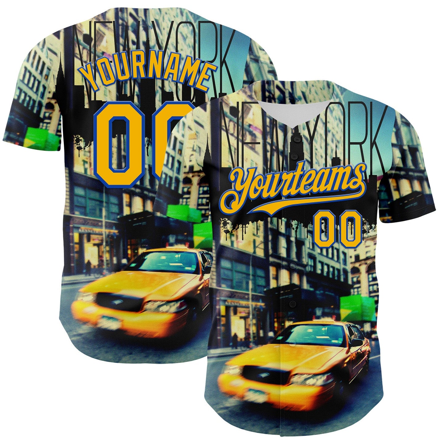 Custom Green Gold-Thunder Blue 3D Pattern Design New York Cityscape Statue Of Liberty Authentic Baseball Jersey - Main View