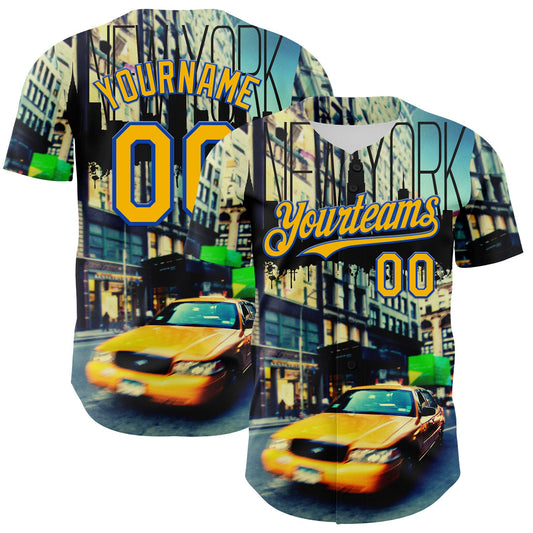 Custom Green Gold-Thunder Blue 3D Pattern Design New York Cityscape Statue Of Liberty Authentic Baseball Jersey - Main View