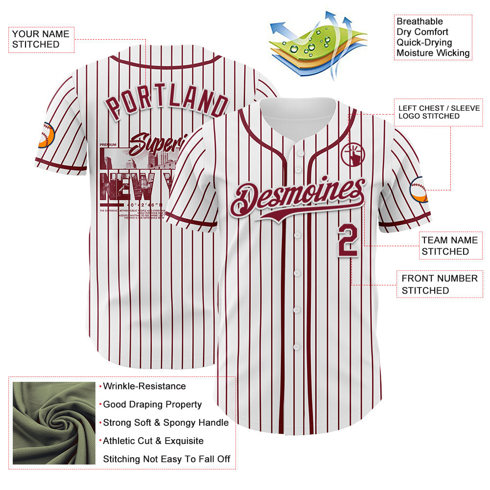 Custom White Crimson Pinstripe Crimson 3D Pattern Design New York Cityscape Authentic Baseball Jersey view 3