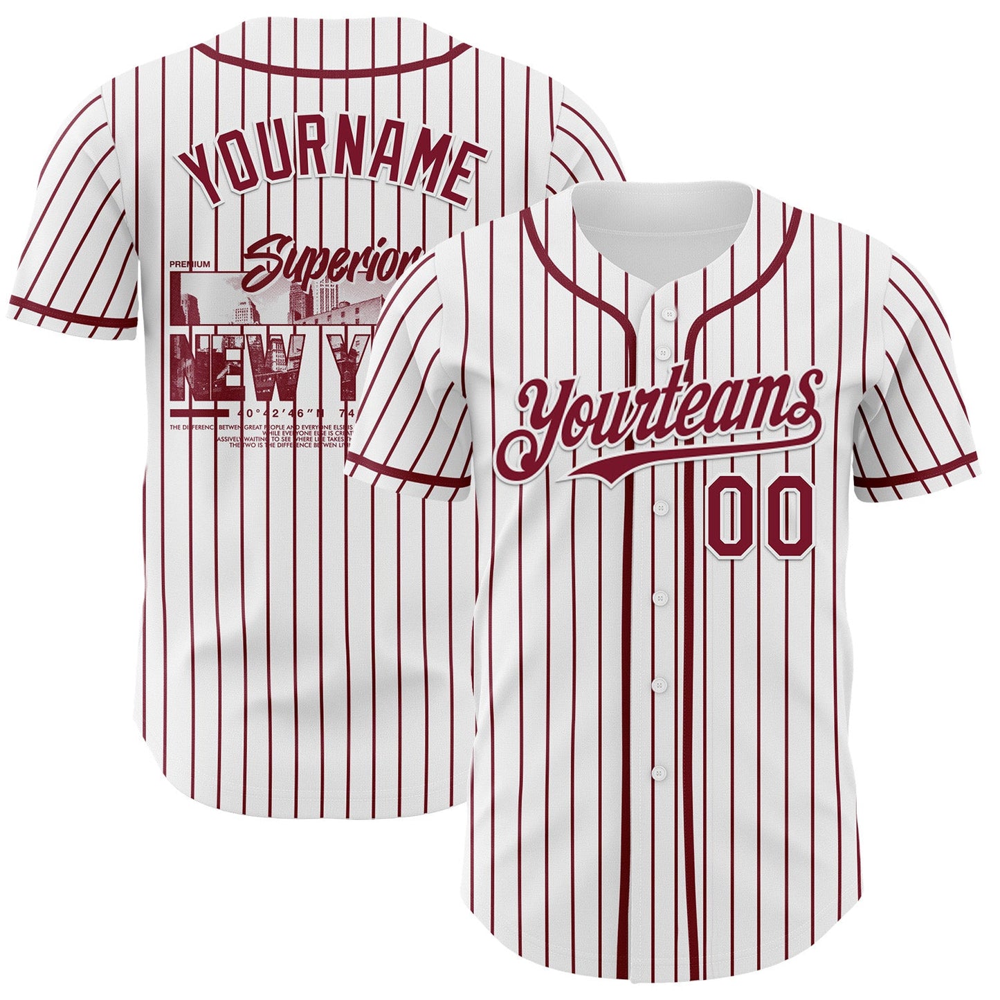 Custom White Crimson Pinstripe Crimson 3D Pattern Design New York Cityscape Authentic Baseball Jersey - Main View
