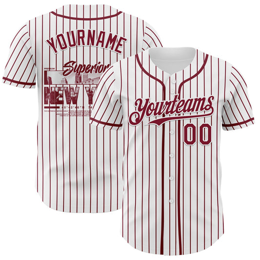 Custom White Crimson Pinstripe Crimson 3D Pattern Design New York Cityscape Authentic Baseball Jersey - Main View