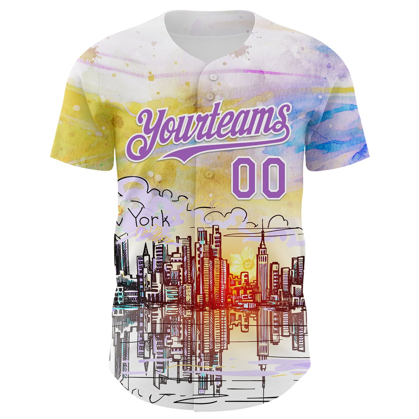 Custom White Medium Purple 3D Pattern Design New York Cityscape Sunrise Authentic Baseball Jersey view 2