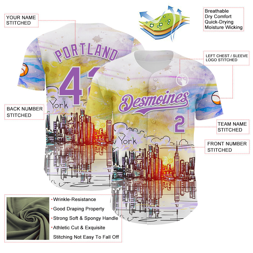 Custom White Medium Purple 3D Pattern Design New York Cityscape Sunrise Authentic Baseball Jersey view 3