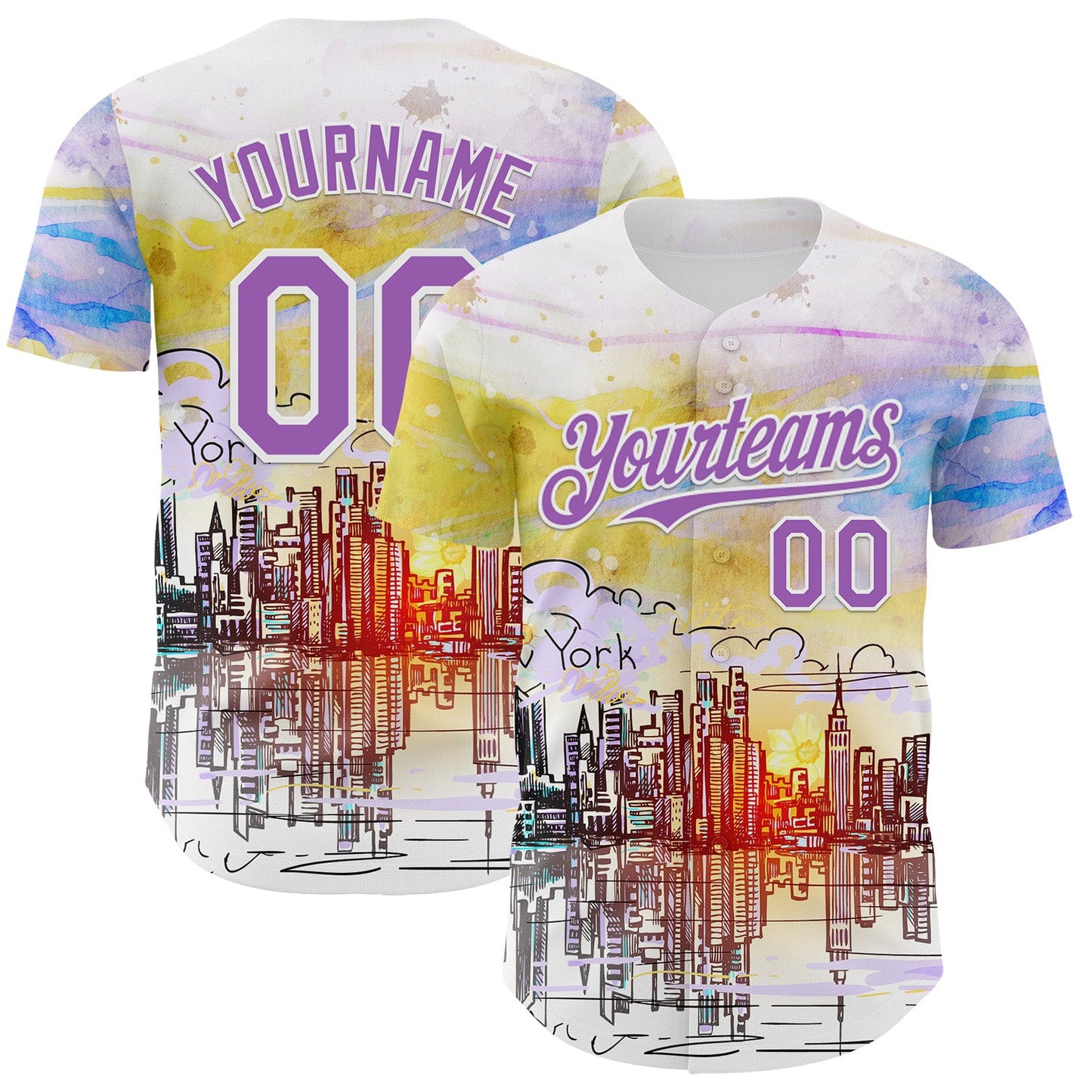 Custom White Medium Purple 3D Pattern Design New York Cityscape Sunrise Authentic Baseball Jersey - Main View