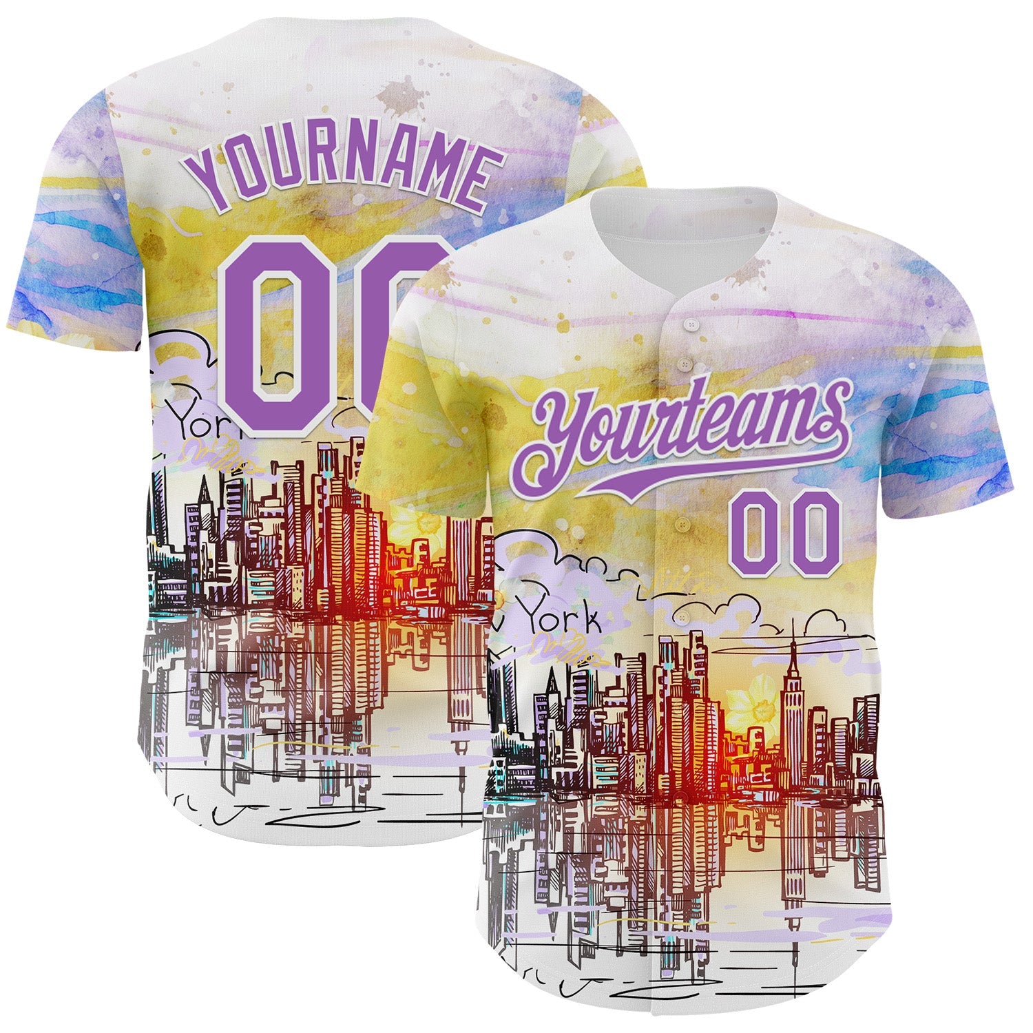 Custom White Medium Purple 3D Pattern Design New York Cityscape Sunrise Authentic Baseball Jersey - Main View