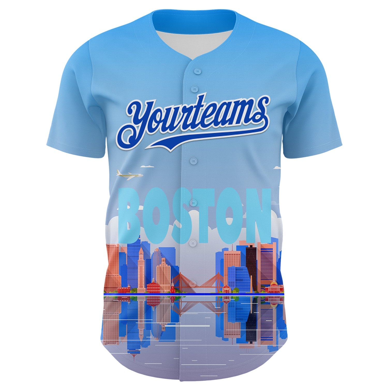 Custom Blue Thunder Blue-White 3D Pattern Design Boston Cityscape Skyline Authentic Baseball Jersey view 2