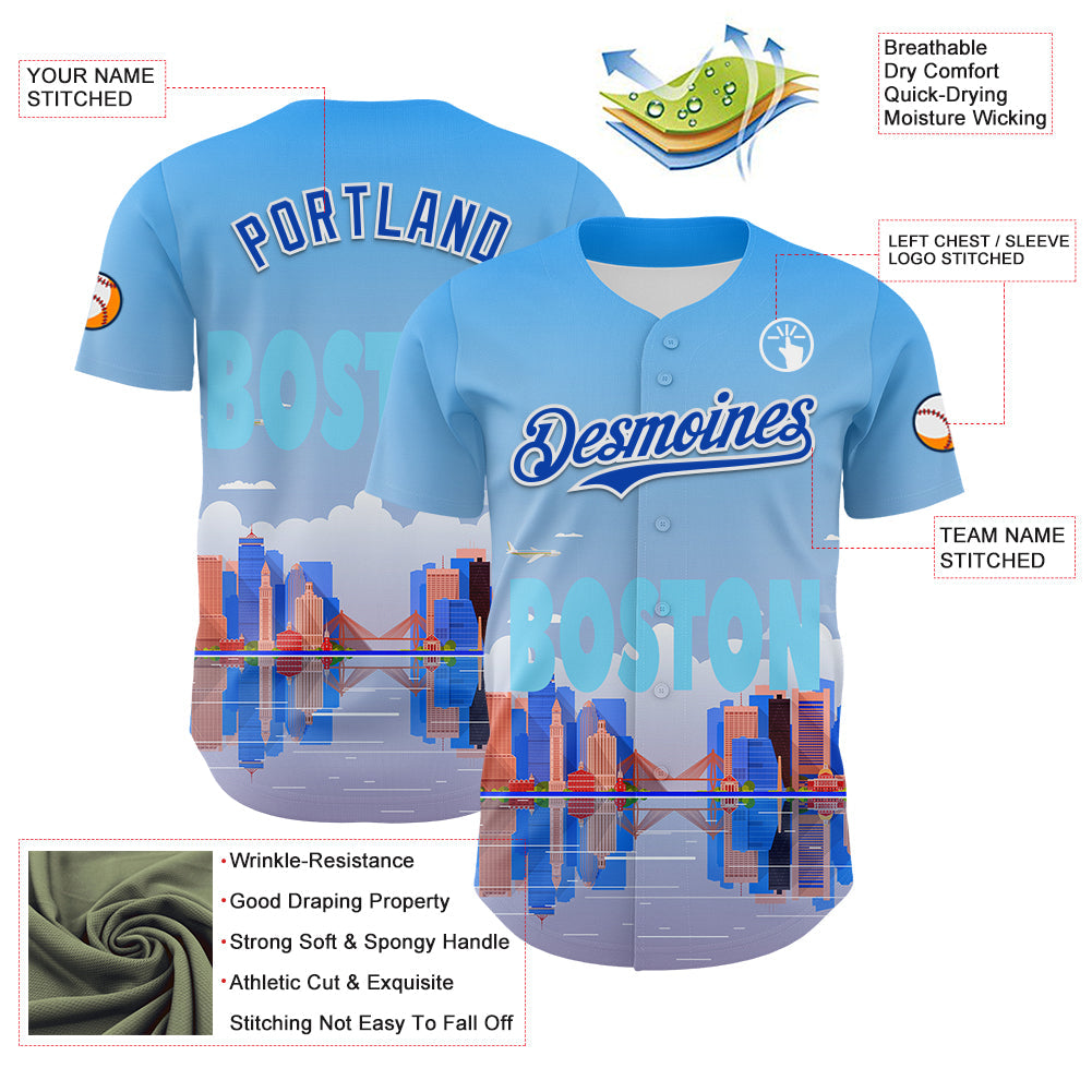 Custom Blue Thunder Blue-White 3D Pattern Design Boston Cityscape Skyline Authentic Baseball Jersey view 3