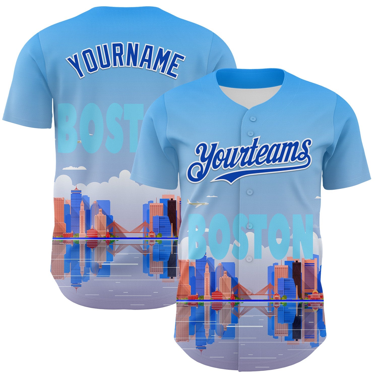 Custom Blue Thunder Blue-White 3D Pattern Design Boston Cityscape Skyline Authentic Baseball Jersey - Main View