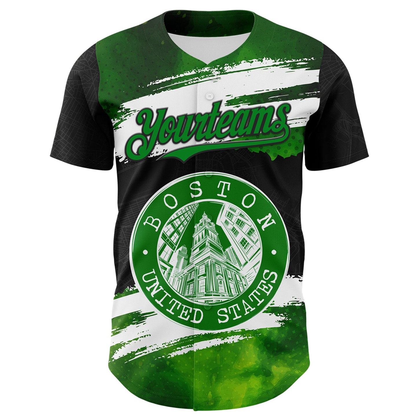 Custom Black Grass Green-White 3D Pattern Design Boston Cityscape Stamp Authentic Baseball Jersey view 2