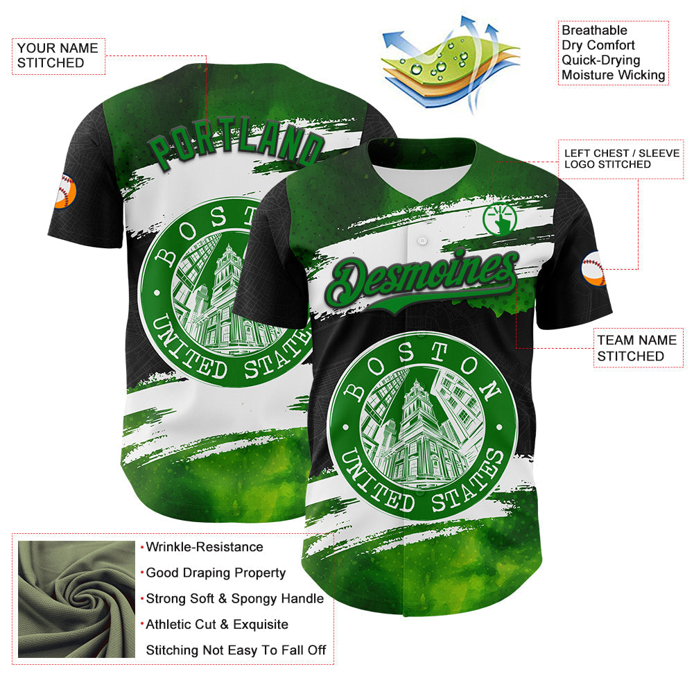 Custom Black Grass Green-White 3D Pattern Design Boston Cityscape Stamp Authentic Baseball Jersey view 3