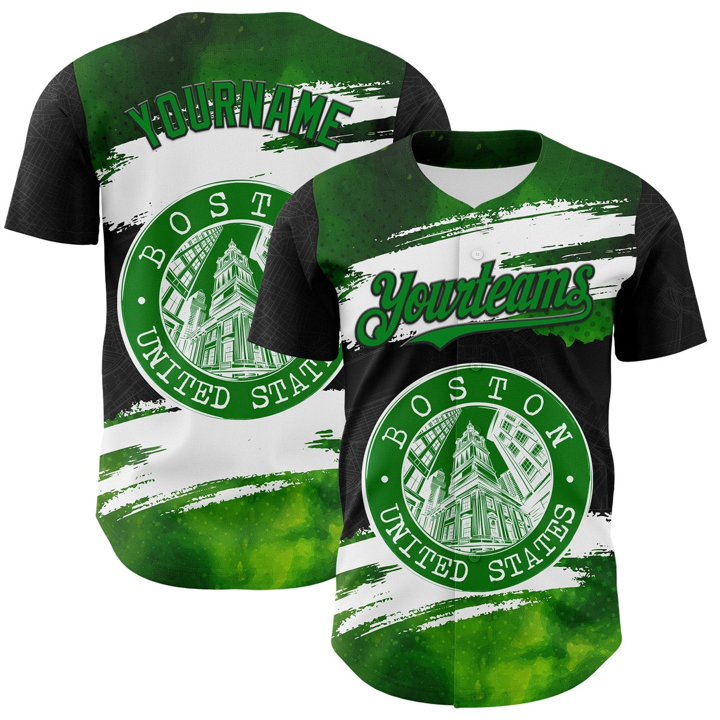 Custom Black Grass Green-White 3D Pattern Design Boston Cityscape Stamp Authentic Baseball Jersey - Main View