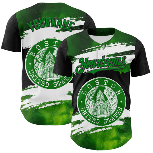 Custom Black Grass Green-White 3D Pattern Design Boston Cityscape Stamp Authentic Baseball Jersey - Main View
