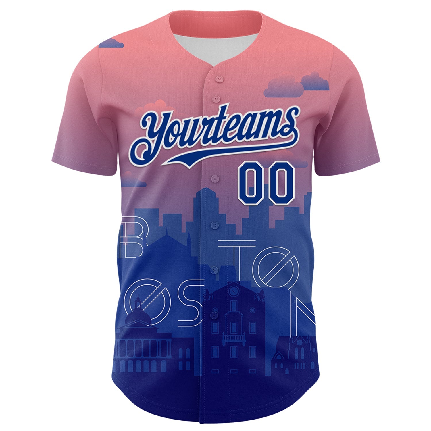 Custom Pink Royal Blue-White 3D Pattern Design Boston Cityscape Sunset Authentic Baseball Jersey view 2