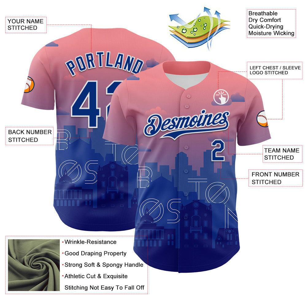 Custom Pink Royal Blue-White 3D Pattern Design Boston Cityscape Sunset Authentic Baseball Jersey view 3
