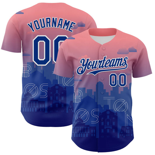 Custom Pink Royal Blue-White 3D Pattern Design Boston Cityscape Sunset Authentic Baseball Jersey - Main View