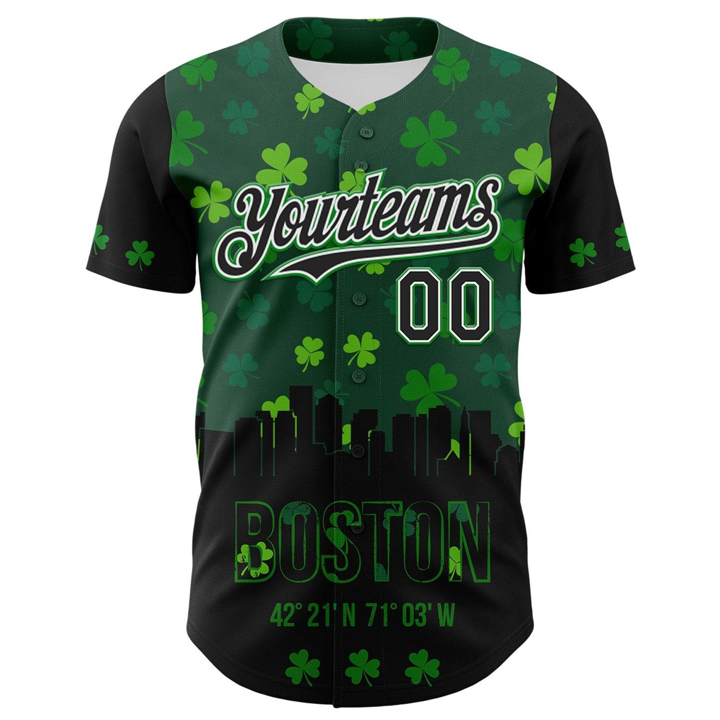 Custom Black White-Grass Green 3D Pattern Design Boston Cityscape Shamrock Authentic St. Patrick's Day Baseball Jersey view 2