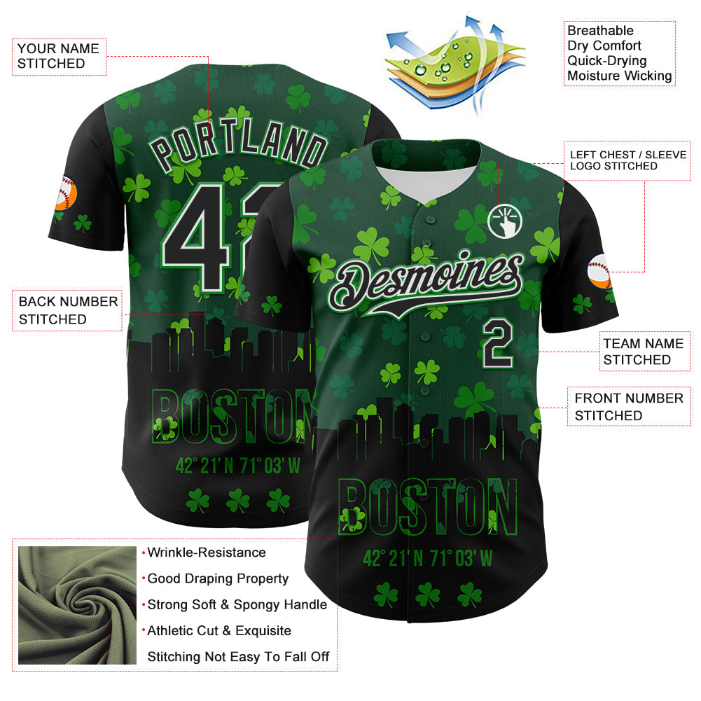 Custom Black White-Grass Green 3D Pattern Design Boston Cityscape Shamrock Authentic St. Patrick's Day Baseball Jersey view 3