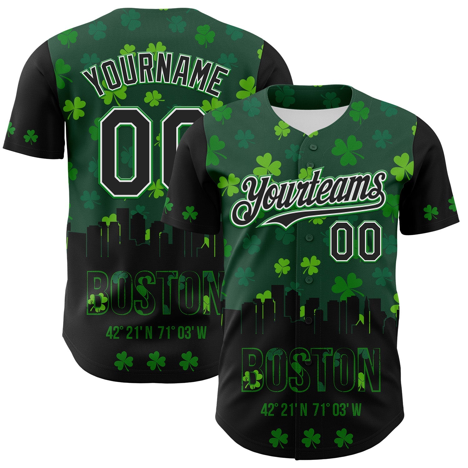 Custom Black White-Grass Green 3D Pattern Design Boston Cityscape Shamrock Authentic St. Patrick's Day Baseball Jersey - Main View