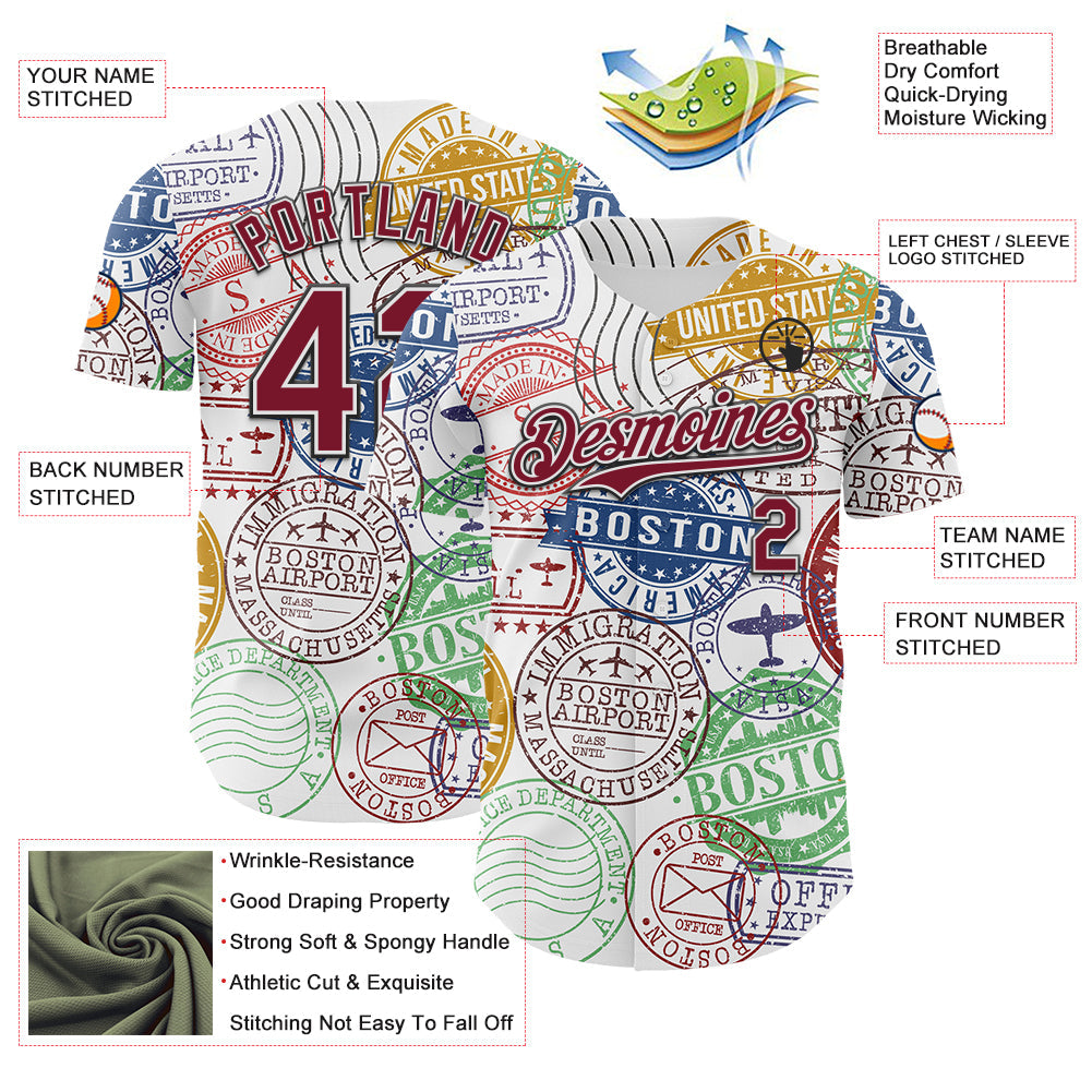 Custom White Crimson-Black 3D Pattern Design Boston Cityscape Stamp Authentic Baseball Jersey view 3