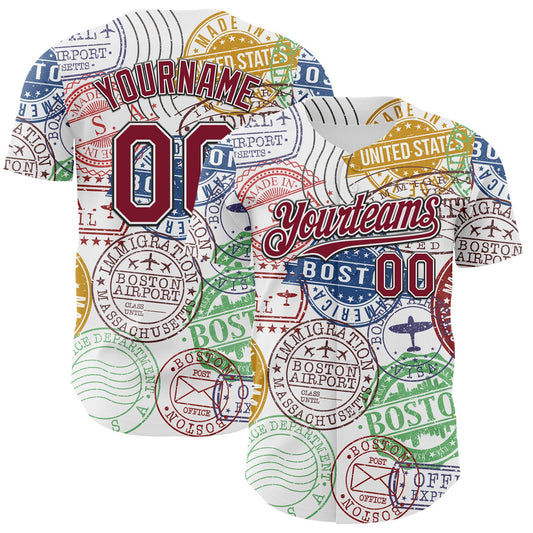 Custom White Crimson-Black 3D Pattern Design Boston Cityscape Stamp Authentic Baseball Jersey - Main View