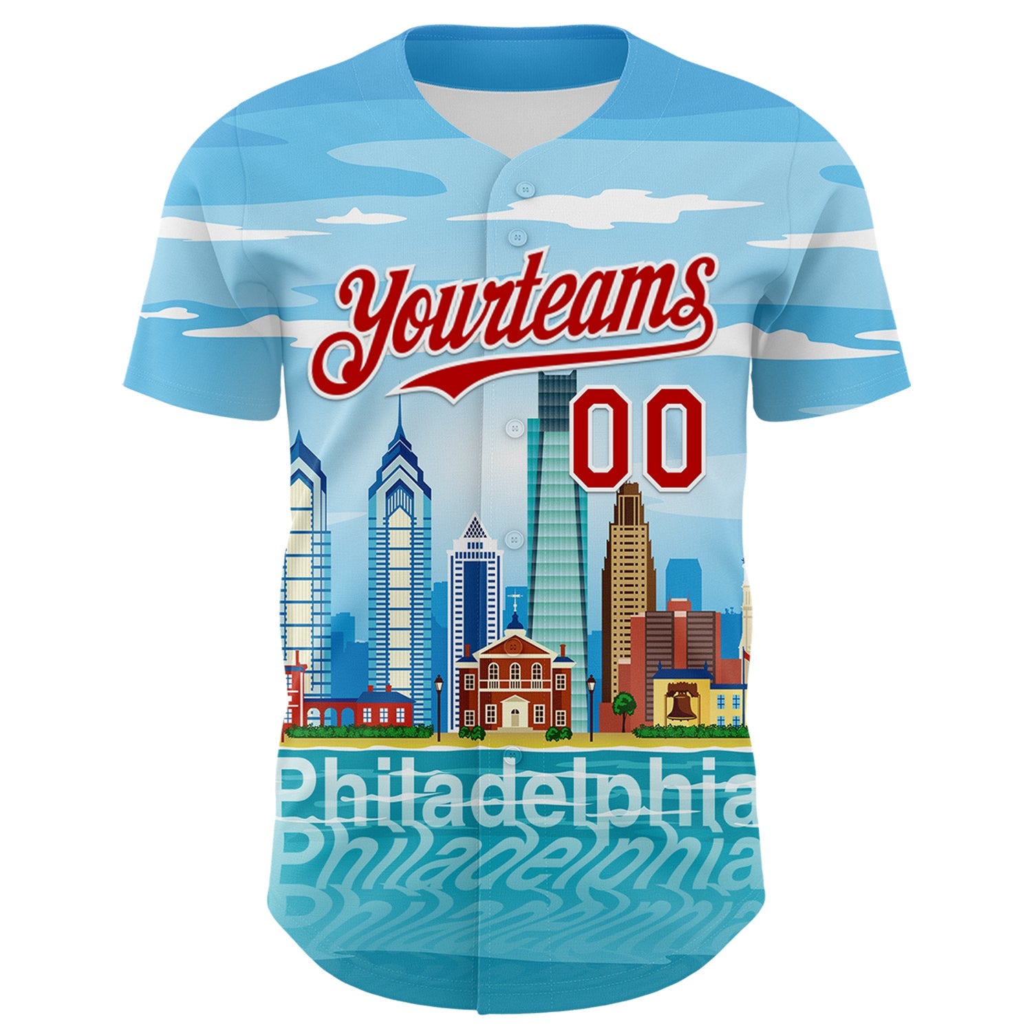 Custom Blue Red-White 3D Pattern Design Philadelphia Cityscape Skyline Authentic Baseball Jersey view 2