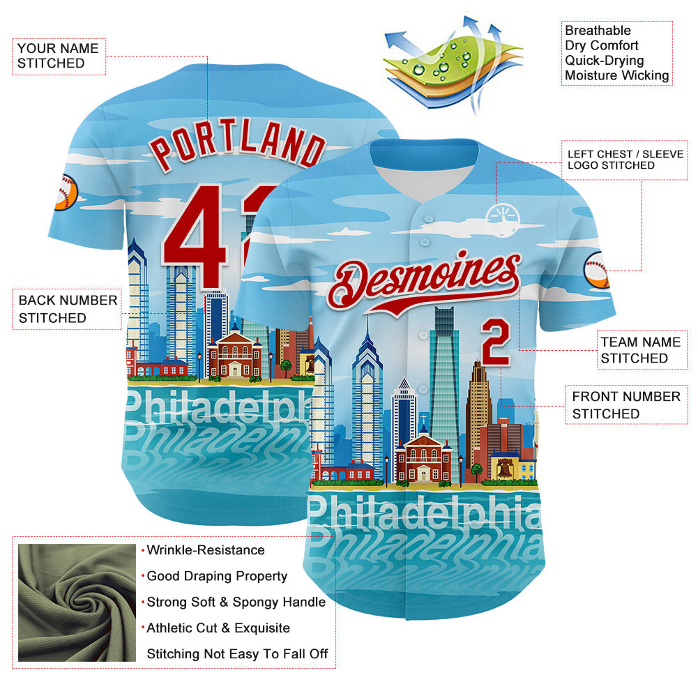Custom Blue Red-White 3D Pattern Design Philadelphia Cityscape Skyline Authentic Baseball Jersey view 3