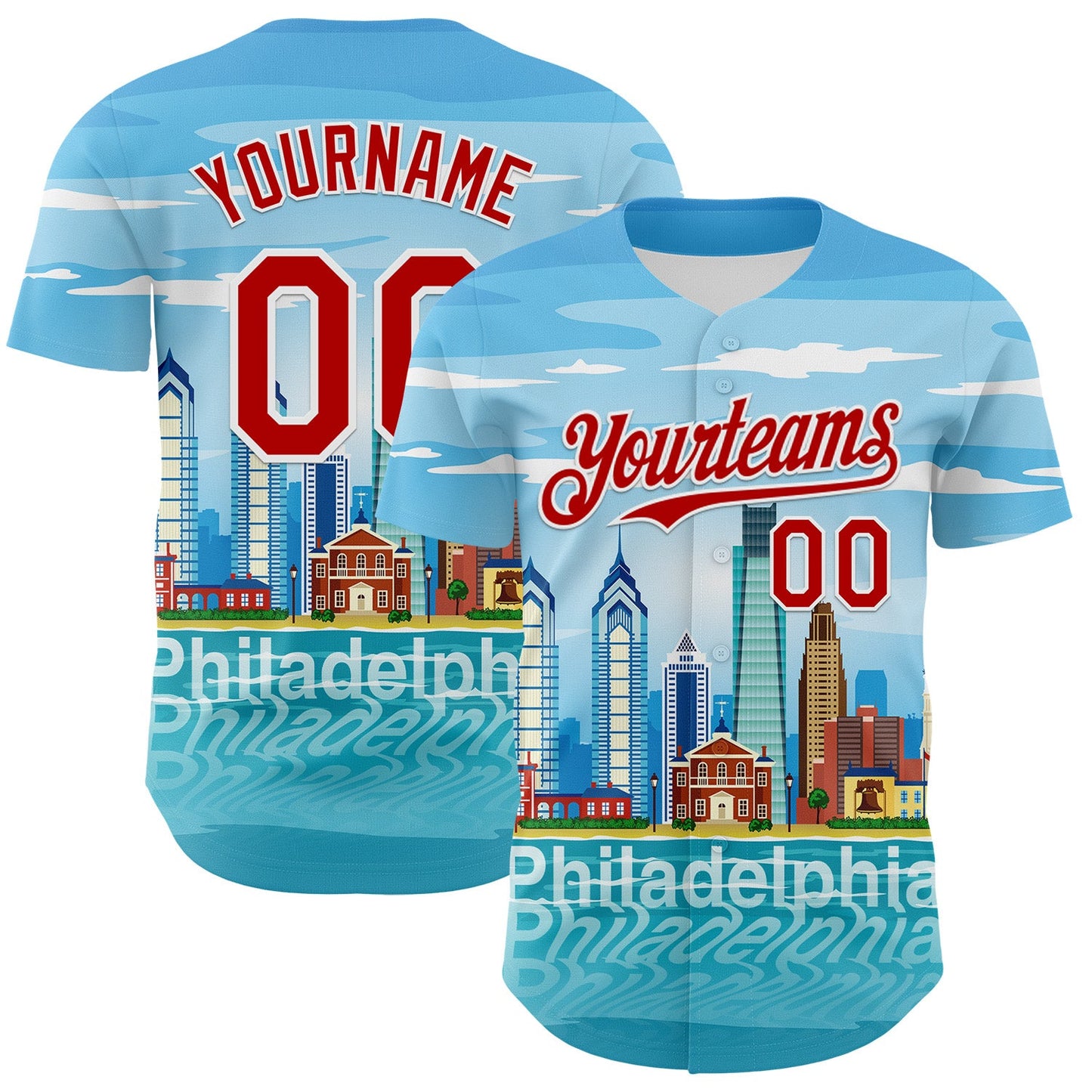 Custom Blue Red-White 3D Pattern Design Philadelphia Cityscape Skyline Authentic Baseball Jersey - Main View
