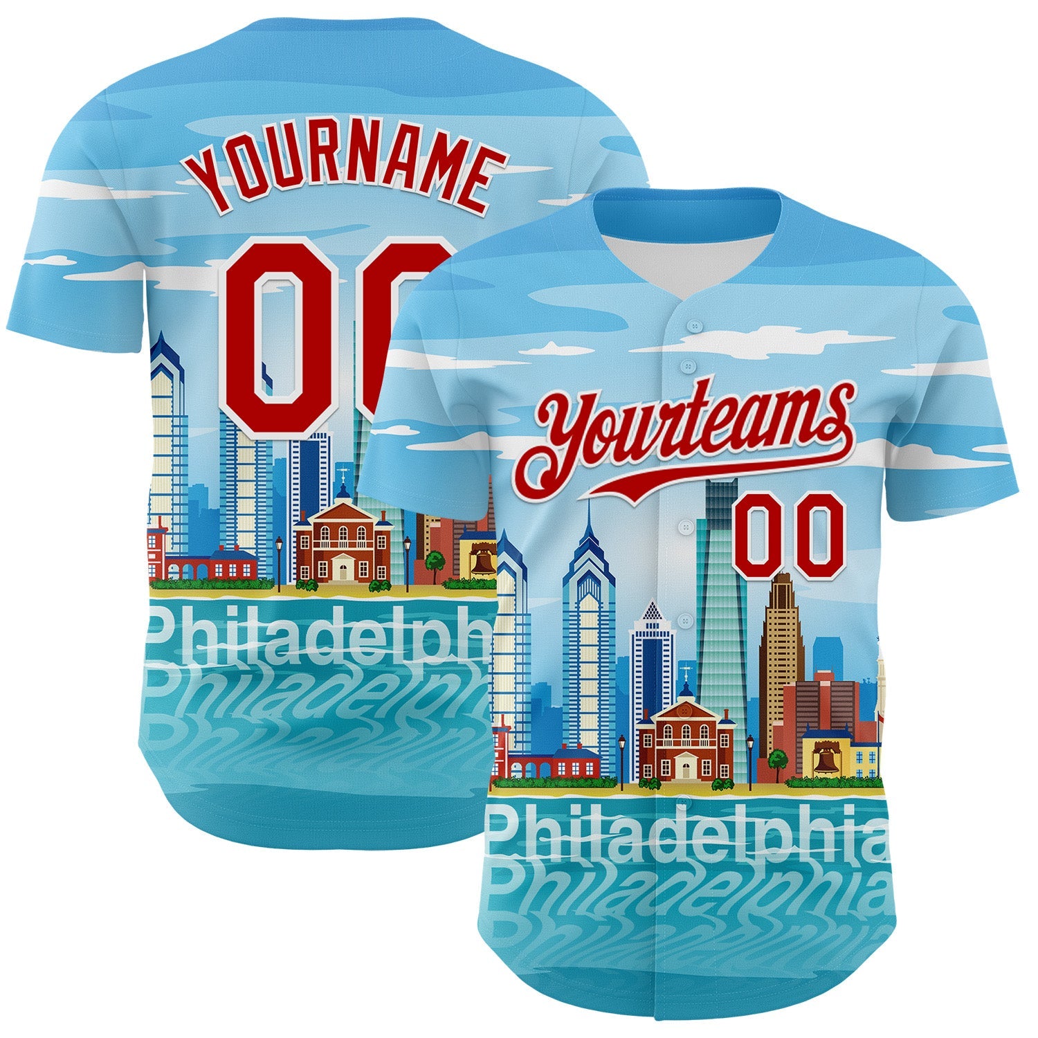 Custom Blue Red-White 3D Pattern Design Philadelphia Cityscape Skyline Authentic Baseball Jersey - Main View