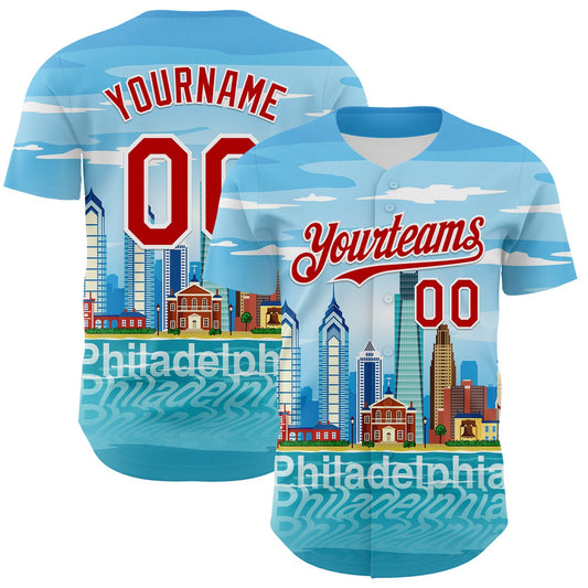 Custom Blue Red-White 3D Pattern Design Philadelphia Cityscape Skyline Authentic Baseball Jersey - Main View