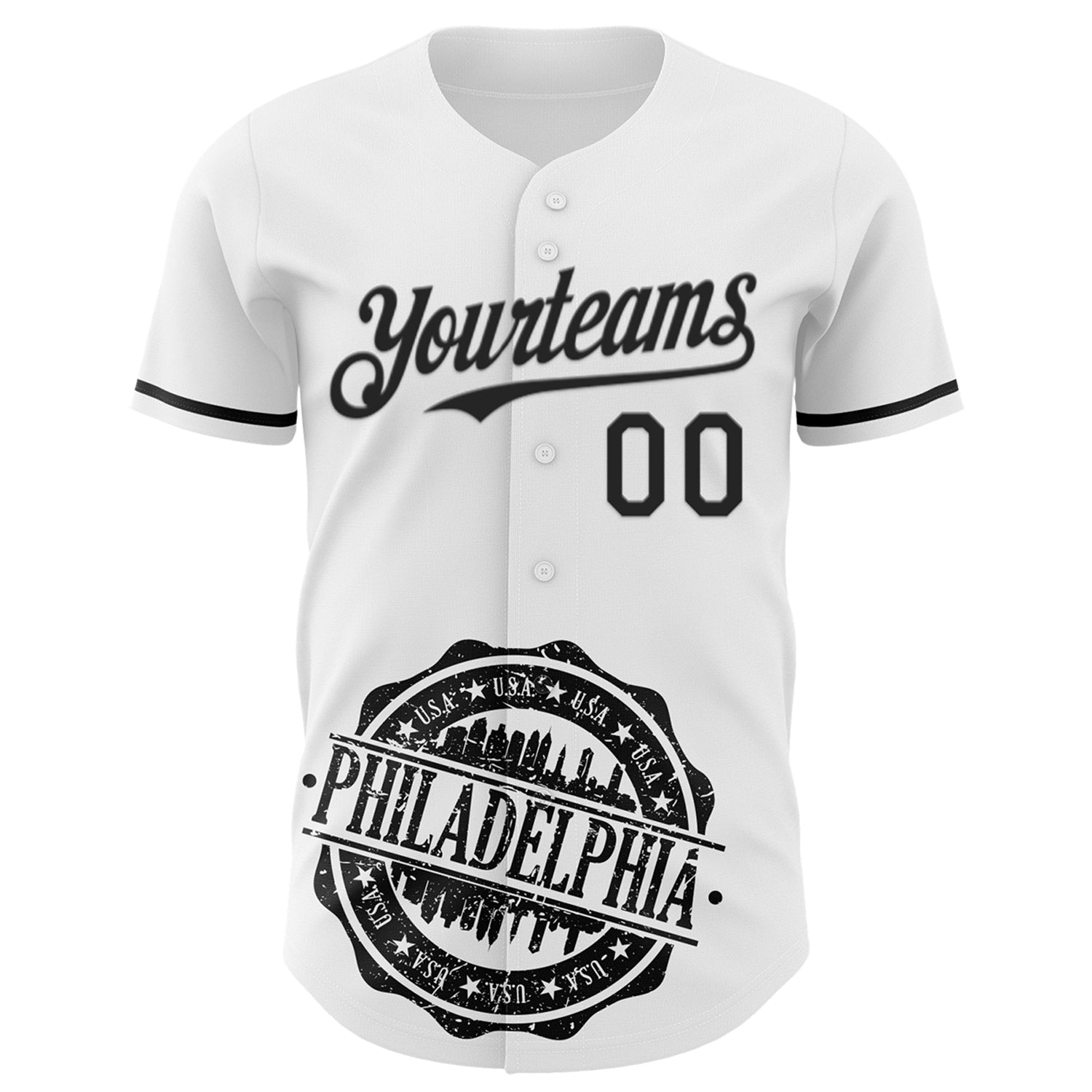 Custom White Black 3D Pattern Design Philadelphia Cityscape Liberty Bell Authentic Baseball Jersey view 2