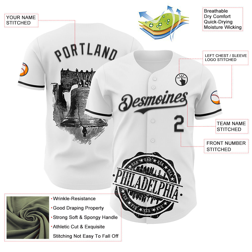 Custom White Black 3D Pattern Design Philadelphia Cityscape Liberty Bell Authentic Baseball Jersey view 3