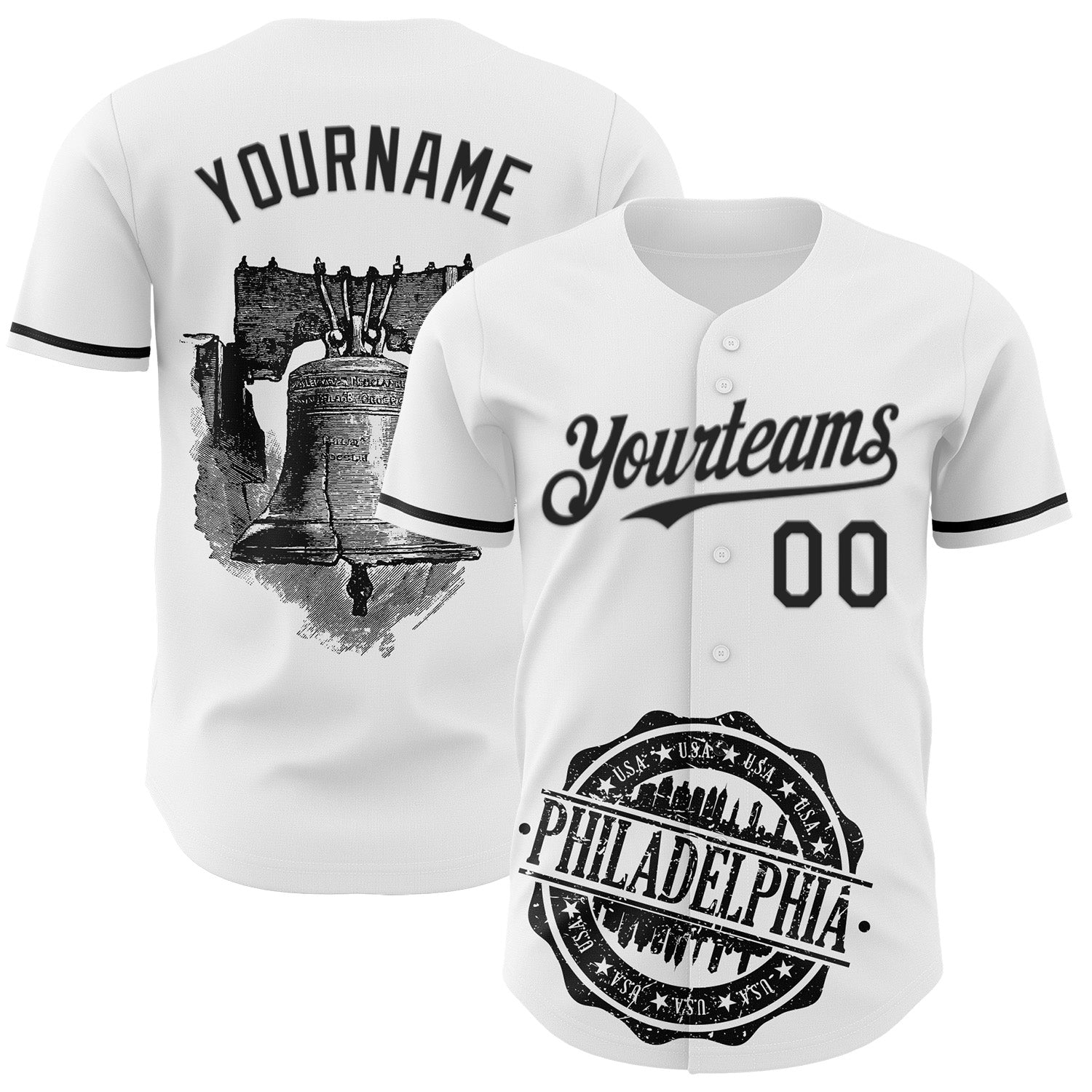 Custom White Black 3D Pattern Design Philadelphia Cityscape Liberty Bell Authentic Baseball Jersey - Main View