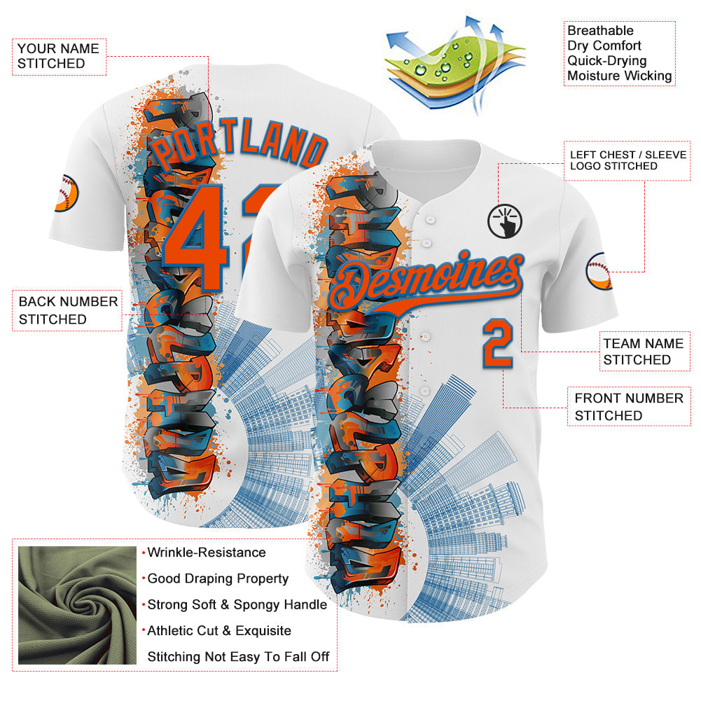 Custom White Orange-Blue 3D Pattern Design Philadelphia Cityscape Skyline Authentic Baseball Jersey view 3