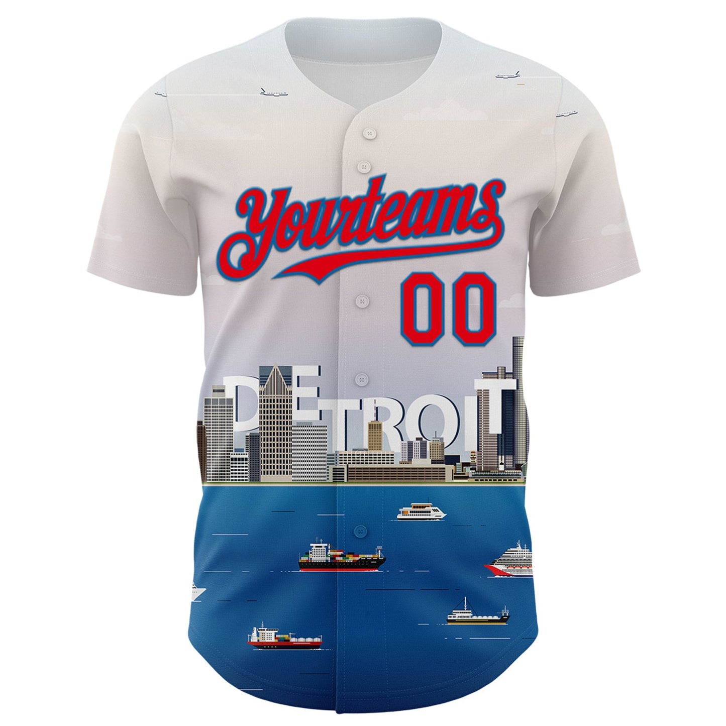 Custom White Fire Red-Blue 3D Pattern Design Detroit Cityscape Skyline Authentic Baseball Jersey view 2