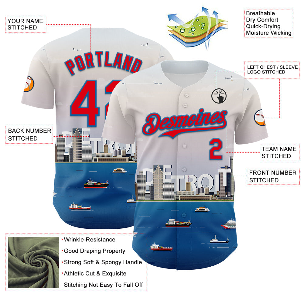 Custom White Fire Red-Blue 3D Pattern Design Detroit Cityscape Skyline Authentic Baseball Jersey view 3