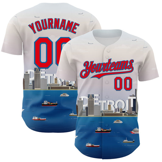 Custom White Fire Red-Blue 3D Pattern Design Detroit Cityscape Skyline Authentic Baseball Jersey - Main View