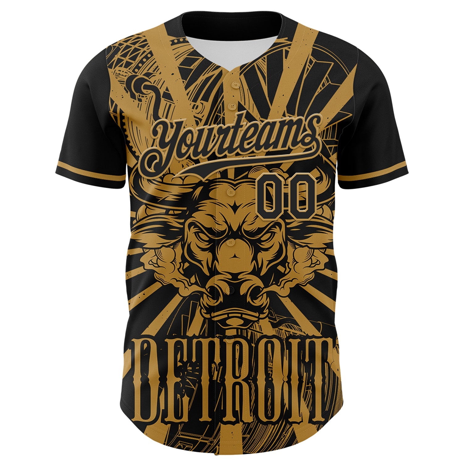 Custom Black Old Gold 3D Pattern Design Detroit Cityscape Steampunk Engine Bull Authentic Baseball Jersey view 2