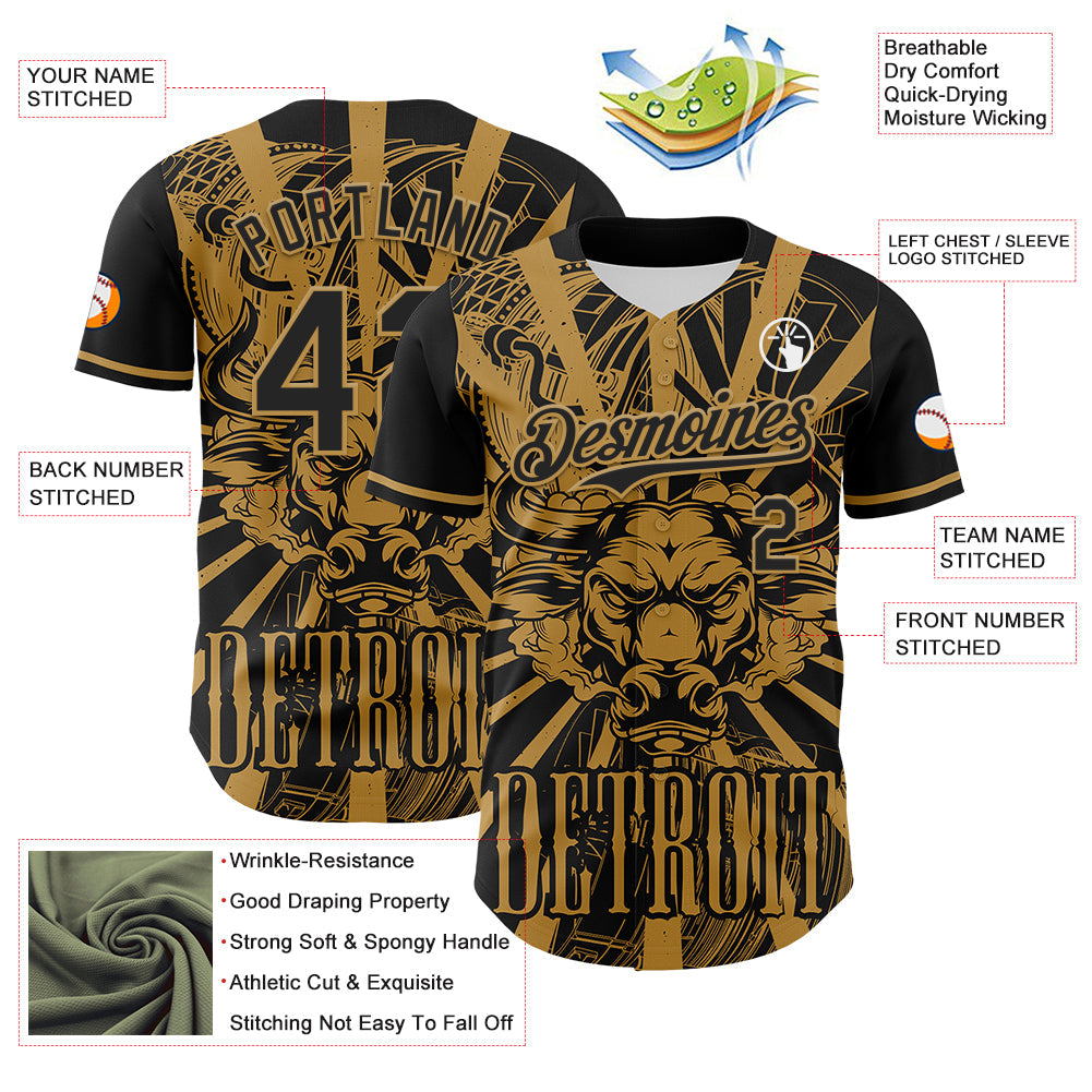 Custom Black Old Gold 3D Pattern Design Detroit Cityscape Steampunk Engine Bull Authentic Baseball Jersey view 3