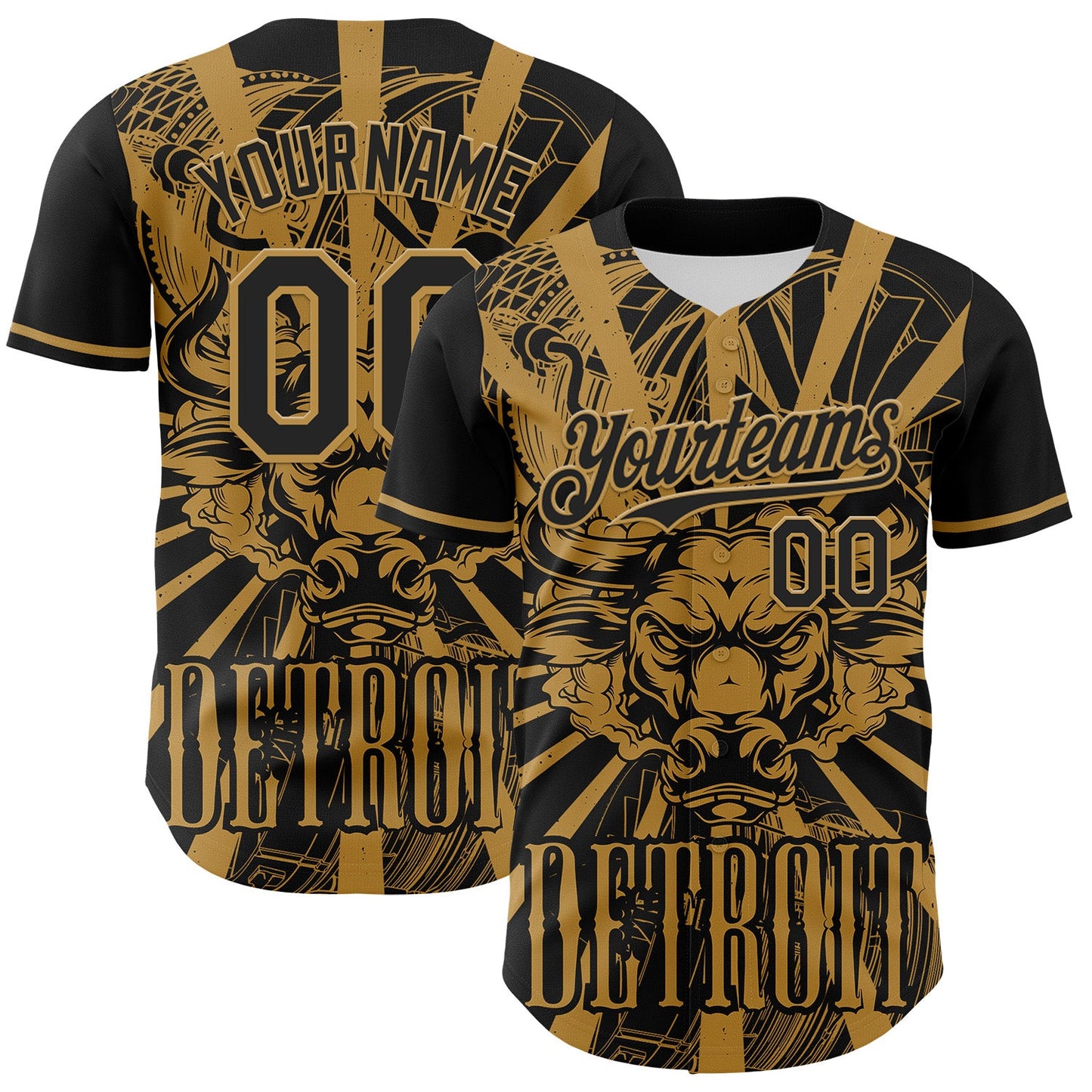 Custom Black Old Gold 3D Pattern Design Detroit Cityscape Steampunk Engine Bull Authentic Baseball Jersey - Main View