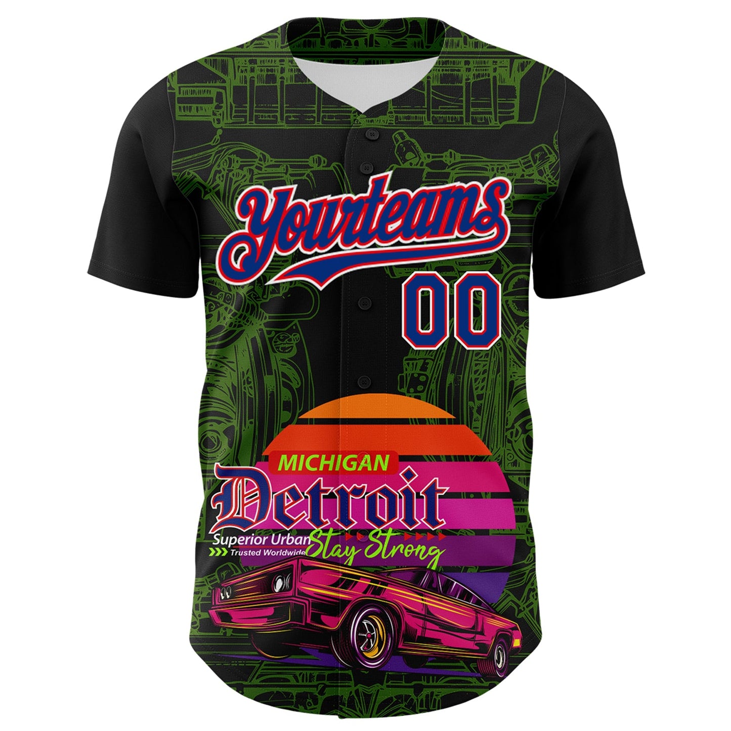 Custom Black Royal Green Fire Red-White 3D Pattern Design Detroit Cityscape Muscle Car Engine Authentic Baseball Jersey view 2