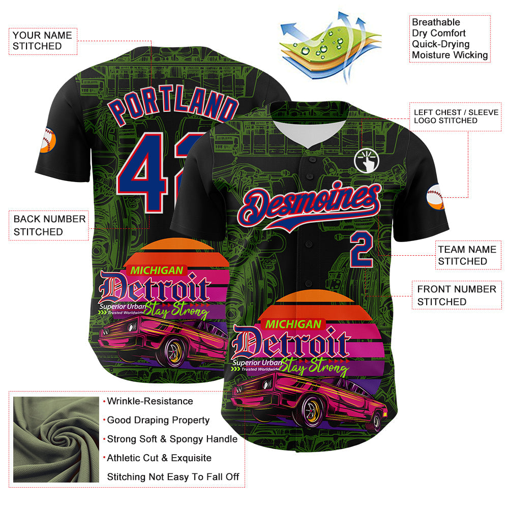 Custom Black Royal Green Fire Red-White 3D Pattern Design Detroit Cityscape Muscle Car Engine Authentic Baseball Jersey view 3
